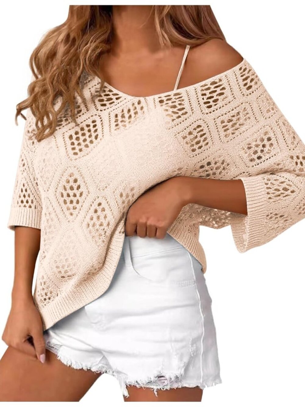 🆕Women's Apricot Sleeve Crochet Tops Summer V Neck Beach Cover Ups Casual